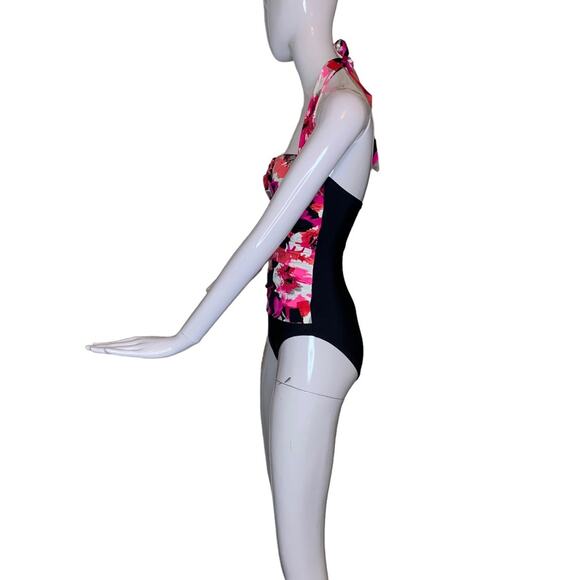 Aqua Green One Piece Swimsuit Padded Floral Pink Print Black bottom Small Halter - Picture 6 of 13